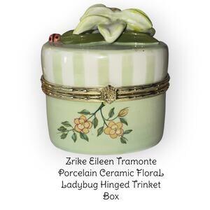 Zrike Eileen Tramonte Porcelain Ceramic FloraL Ladybug Hinged Trinket Box